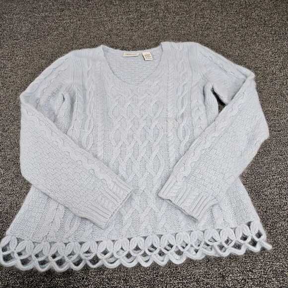 Tweeds Sweaters - Vtg Tweeds‎ Angora Lambswool Baby Blue Cable Knit V Neck Sweater Crochet Hem PL